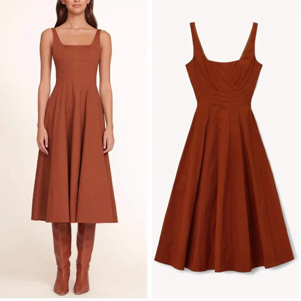 NEW STAUD Wells Midi Dress Sz10 Tan Brown Classic Cotton Best Party Wedding